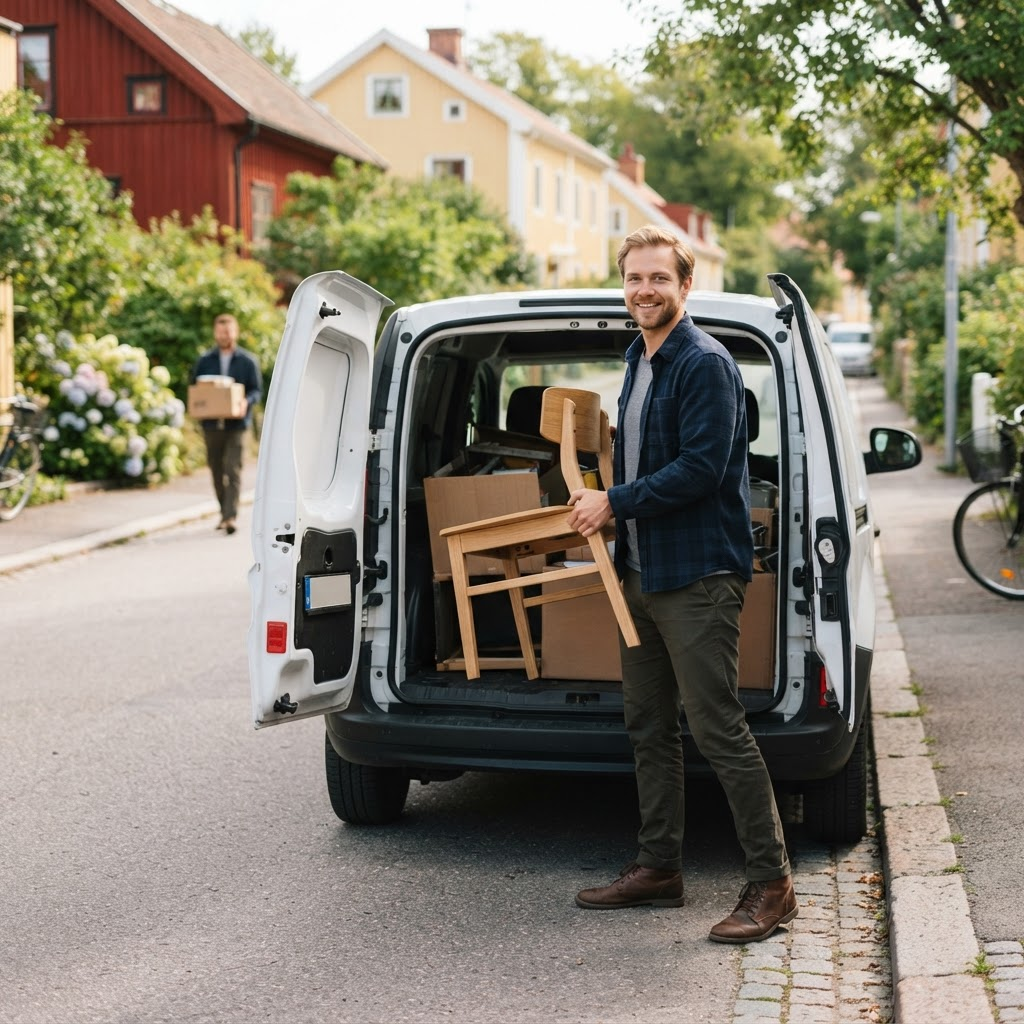 En hämtare lastar en möbel i sin skåpbil