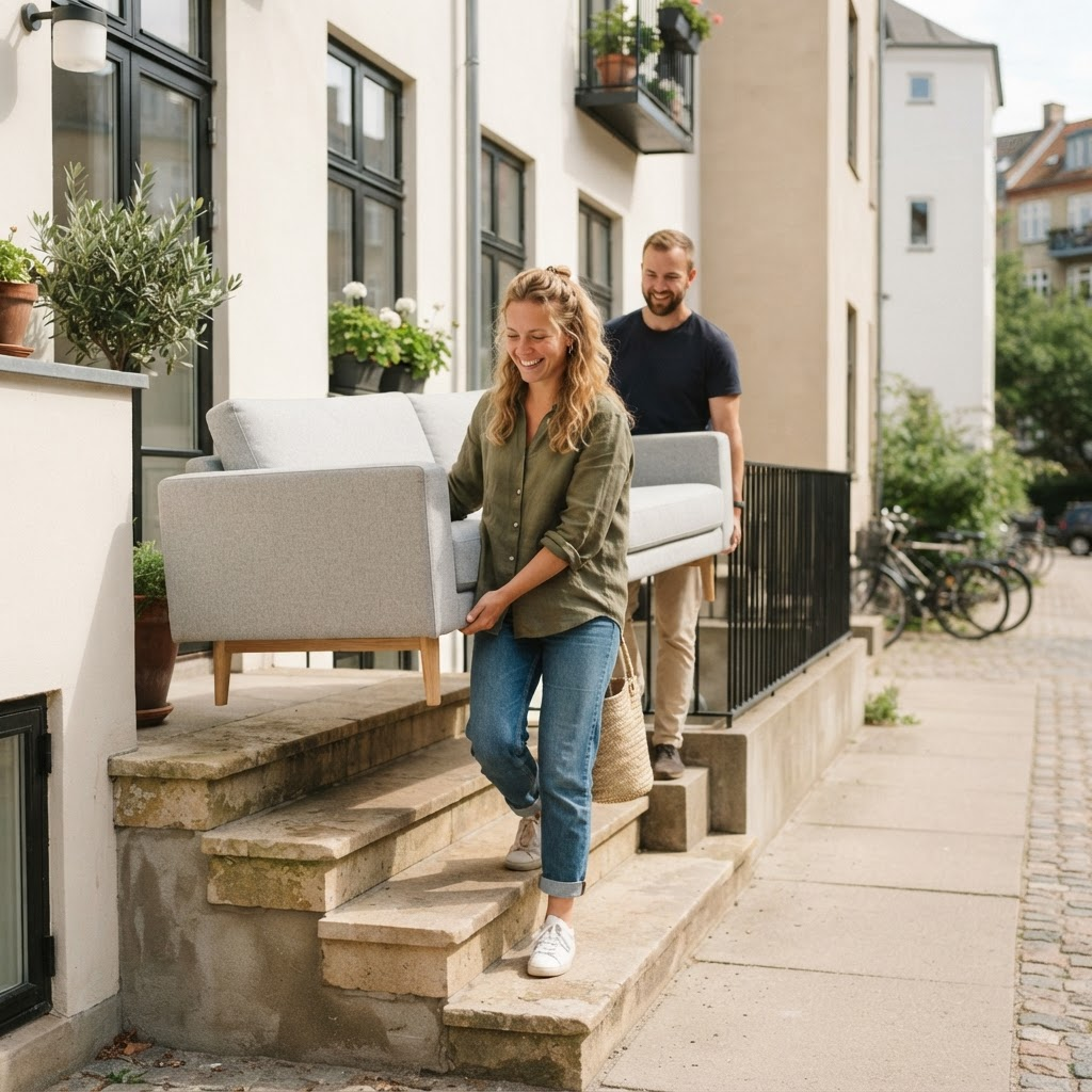 Två personer bär en soffa ut ur ett bostadshus